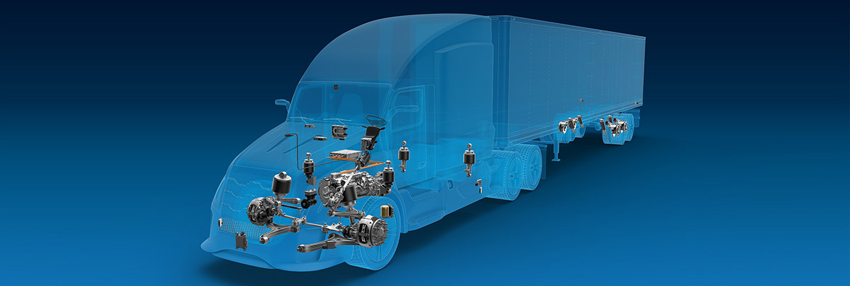 Transparent semi-truck showing internal parts